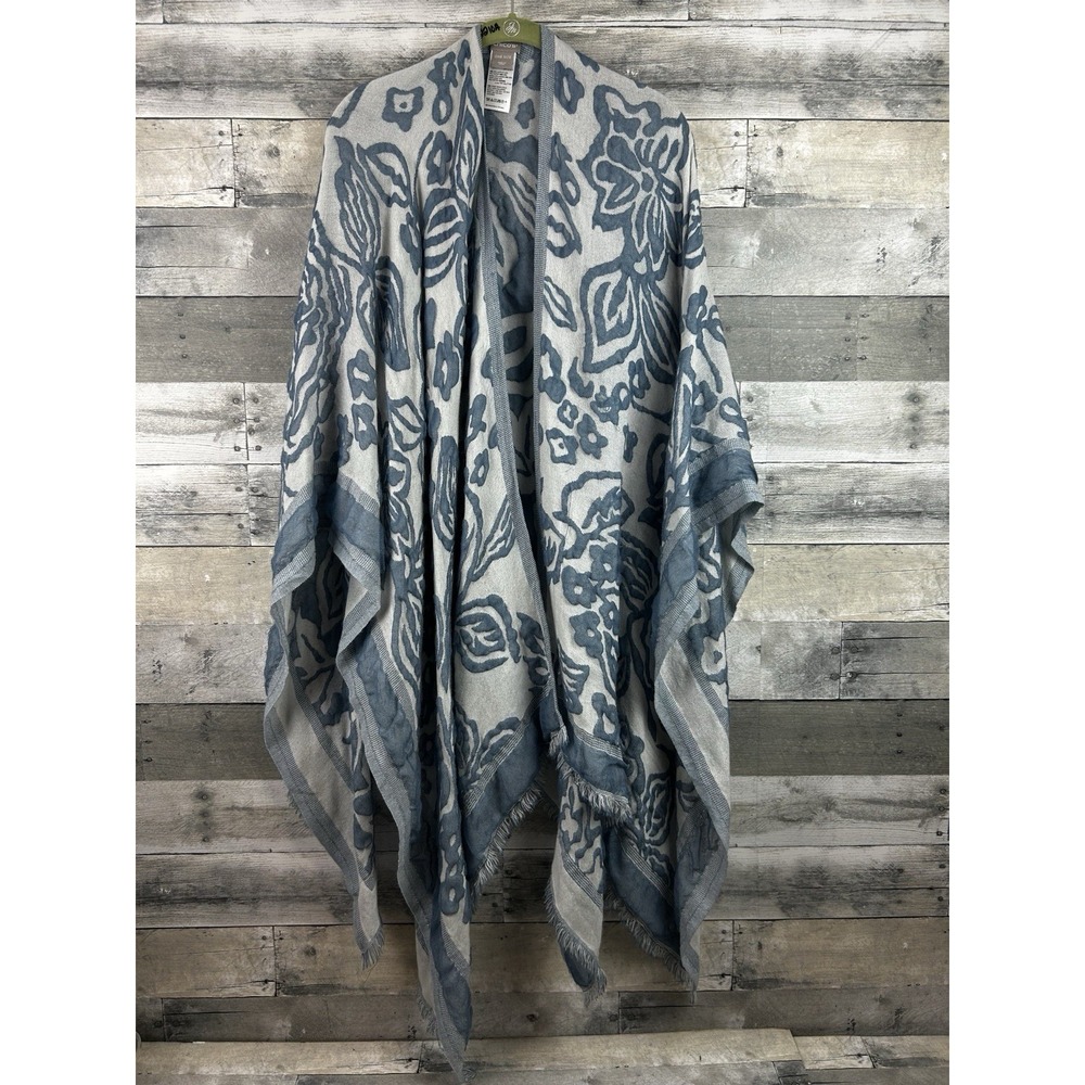 Chico's Blue Floral Jacquard Kimono Wrap Poncho One Size Fringed Hem